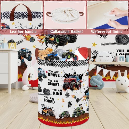 Monster Trucks Laundry Hamper Basket Kid Gift Toy Bin Empty Car Nursery Decor Hamper,Storage Basket Collapsible Clothes Book Organizer Bin for Boy,Easter Gift (Monster Trucks-Fire)