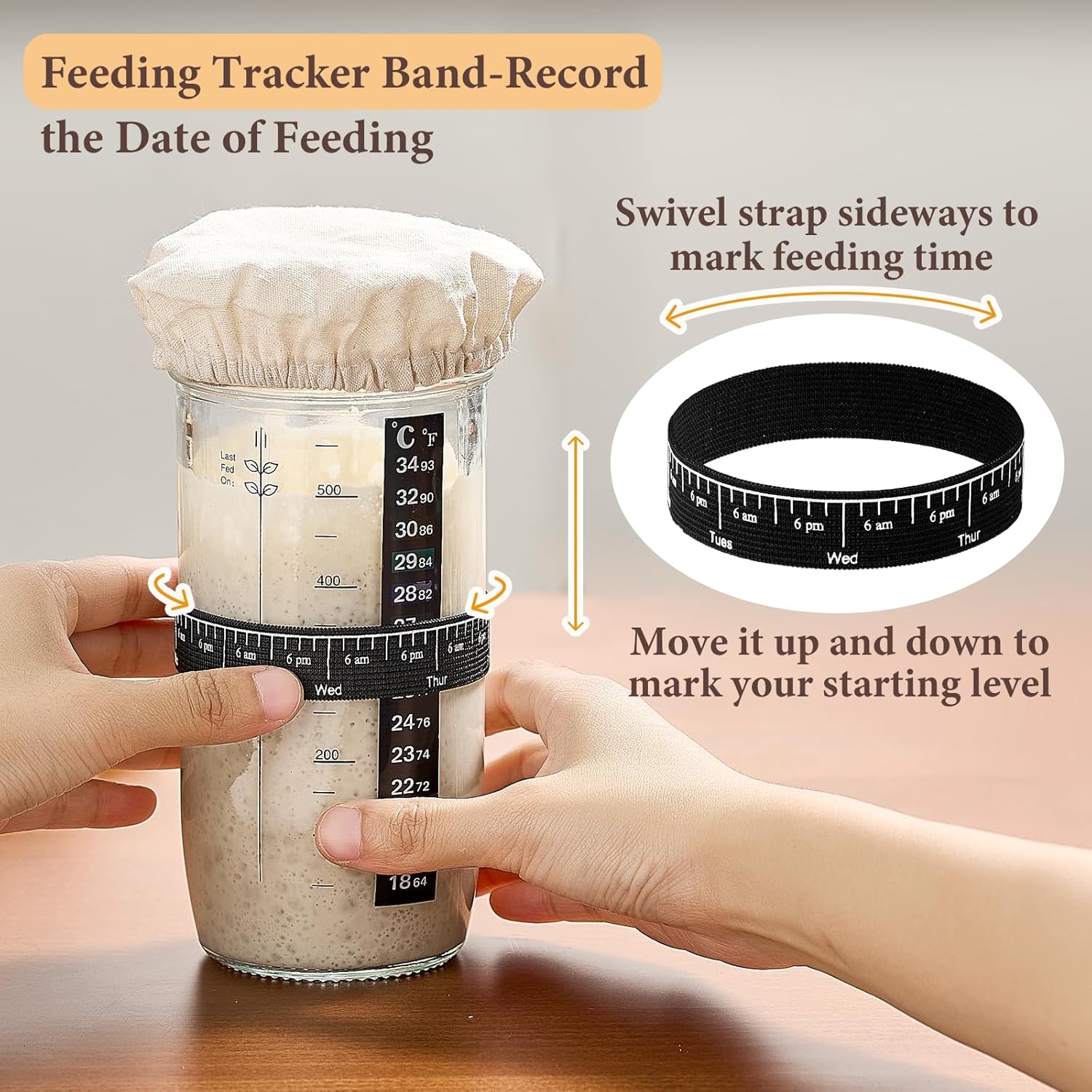 Skiennix Glass Sourdough Starter Jar Set - 24 oz Wide Mouth Kit with Date Marked Band & Thermometer