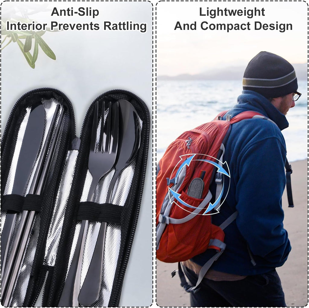 Skiennix Reusable Travel Utensils Set - Premium Stainless Steel Flatware for Camping & Picnics | Portable & Dishwasher Safe