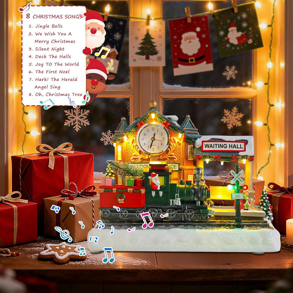 VCUTEKA Lighted Animated Christmas Village Train Station | Musical Santa Decor for Holiday Display