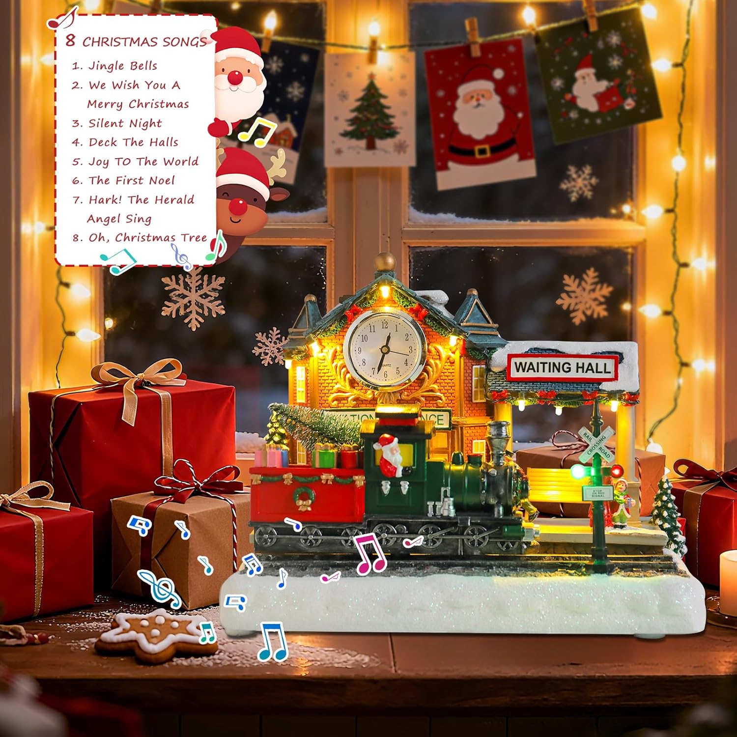 VCUTEKA Lighted Animated Christmas Village Train Station | Musical Santa Decor for Holiday Display