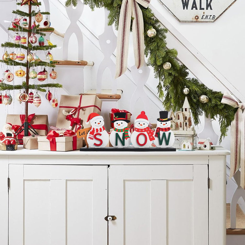 Wooden Snowman Table Centerpieces - Festive Christmas Decor for Holiday Office Desk & Tiered Trays