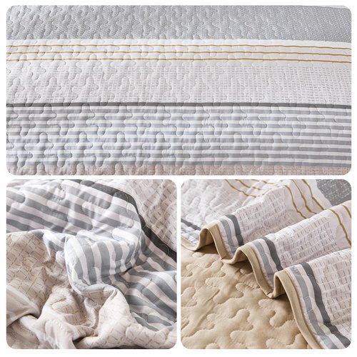 Dintszyayue Quilt Queen Size Khaki Grey, 3 Pieces Boho Striped Bedspread Bedding for Queen Size Bed, Soft Lightweight Microfiber Bohemian Coverlet Set for All Season Quilts with 2 Pillowcases