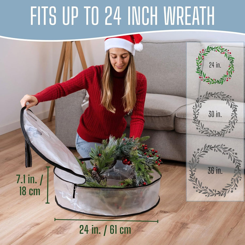 VENO Wreath Storage Container - 24 Inch Heavy-Duty Clear Bag with Wall Hanging Handles | 4 Pack