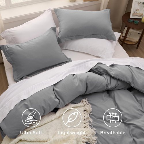 Bedsure Grey California King Duvet Cover - Extra Soft Prewashed Cotton-Like Polyester Set, 104x98 Inches with Zipper Closure & 2 Pillow Shams