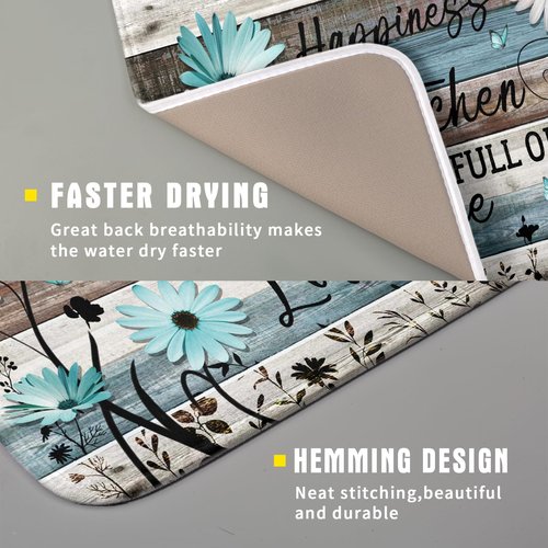 Daisy Floral Dish Drying Mat 16x18 Inches Rustic Wood Microfiber Absorbent Reversible Dish Draining Pad Fast Dry Kitchen Accessories