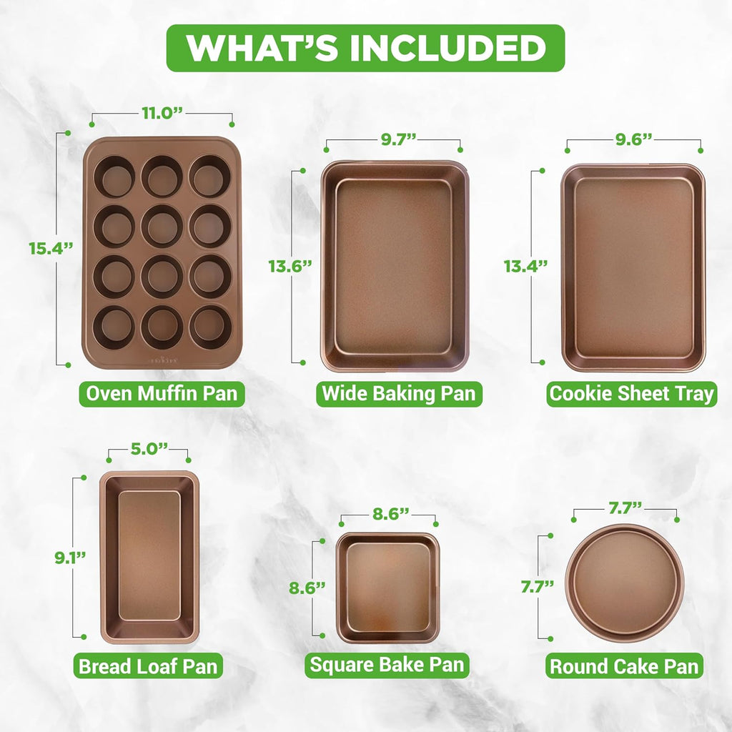 NutriChef 6-Piece Nonstick Bakeware Set - Carbon Steel Baking Pans, Cookie Sheets & More | Gold Finish