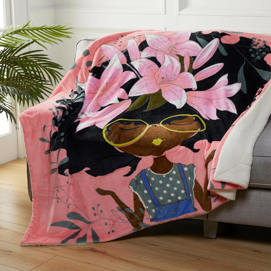 Pardon My Fro Lily Fleece Throw Blanket – Super Soft Plush Sherpa Fleece with Inspirational Words, 100% Polyester, for Queen or King Size Bed, Couch, Sofa – Complements Home Decor – 50" x 60" Pink