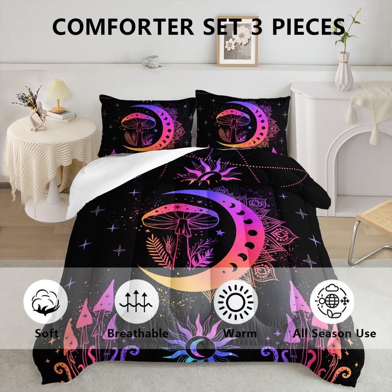 Axolotl Sun and Moon Bedding Set Queen Size,Mushroom Comforter,3Pcs Boho Exotic Bed Set,Bohemian Bedding,Cosmic Planets Astrology Comforter for Adults Women Teens,1 Quilt 2 Pillowcases,Black