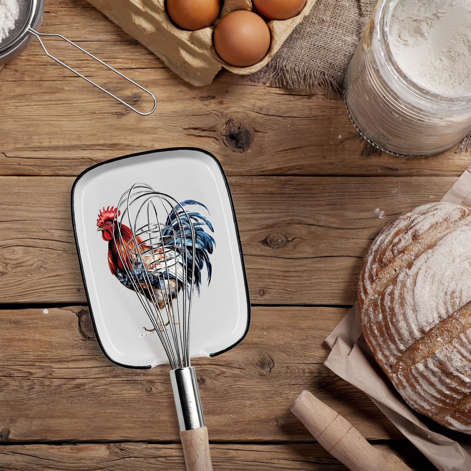 Funny Cute Rooster Ceramic Spoon Rest - Large Heat Resistant Kitchen Utensil Holder for Stove & Countertop - Farmhouse Decor, Chicken Themed Cooking Accessory - Perfect Housewarming Gift ﻿