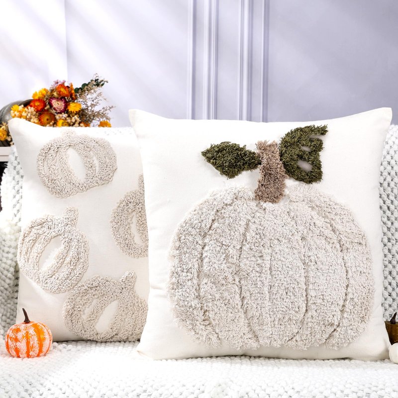 2 PCS Pumpkin Pillow Covers Fall Pillow Covers Autumn Halloween Thanksgiving 18x18 Inch Square Beige White Linen Embroidered Throw Pillow Cases Soft Decor for Sofa Bed Couch Living Room Farmhouse Home