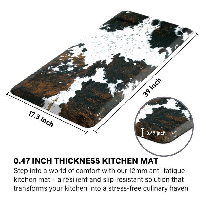 Tyrot Cowhide Kitchen Mat Cushioned Anti Fatigue - 1/2 Inch Thick Western Cow Kitchen Mats for Floor, Non Slip PVC Waterproof Standing Desk Ergonomic Comfort Rugs for Sink, Office, Laundry, 17.3x39