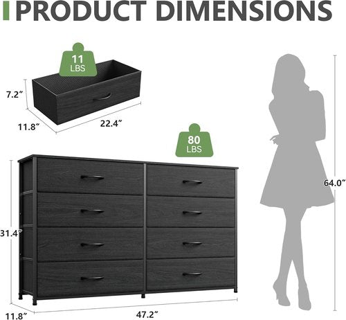 Furnulem Wide Dresser - 8 Fabric Drawers & Wood Top - Stylish Storage for 55'' TV | Black Oak