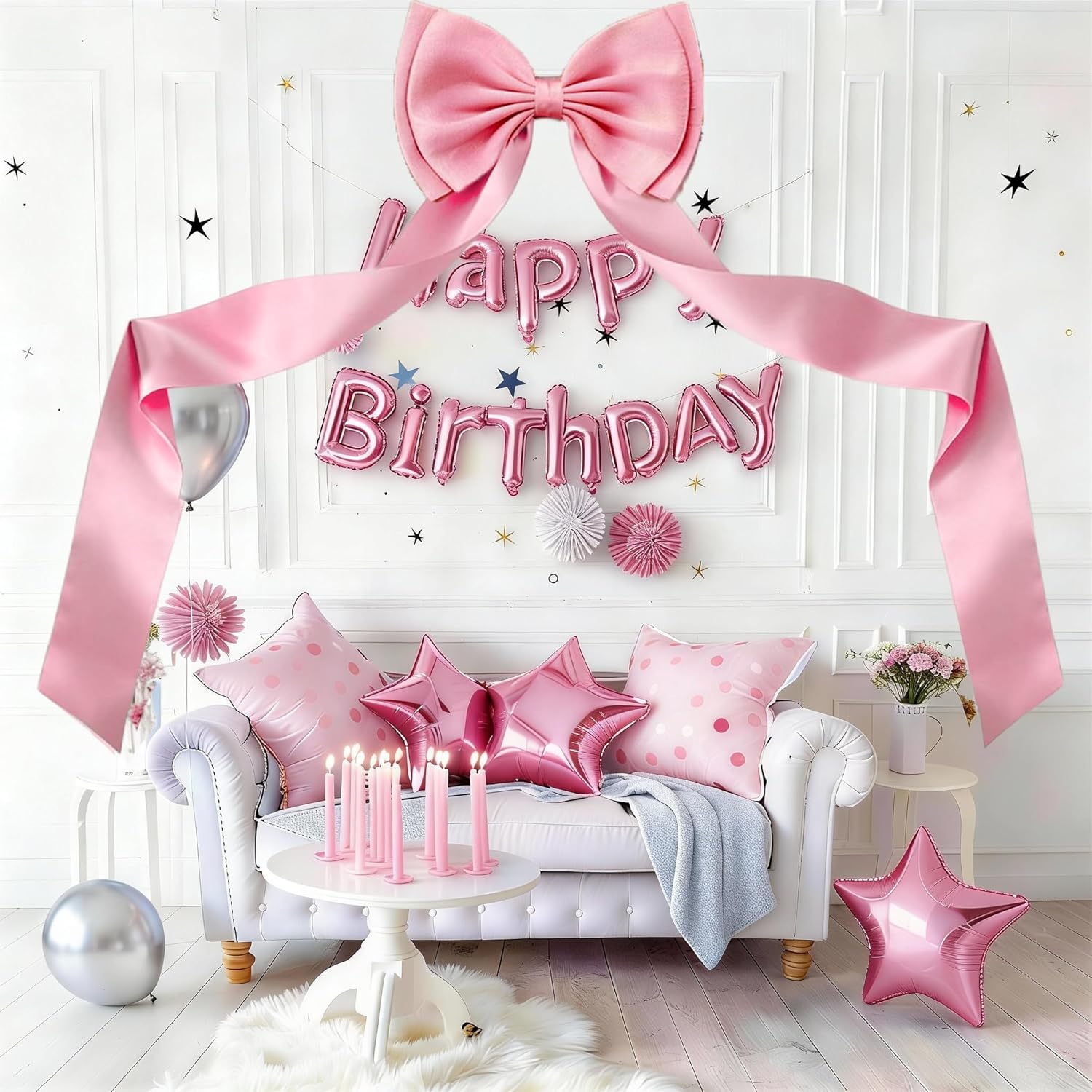 Vovoir Giant Bow Decoration - 75x18 Inch Pink Satin Bow with 10 Ribbon Bows for Weddings & Parties
