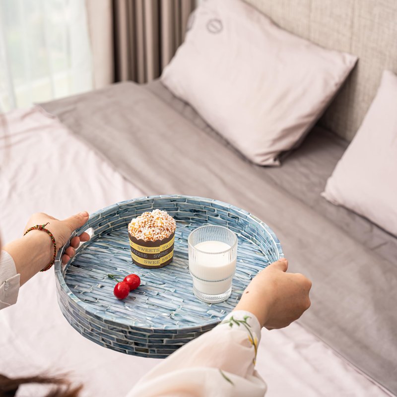 PEMAR 12.6” Mother of Pearl Round Serving Tray with Handles, Decorative Nacred Wooden Ottoman Coffee Table Tray for Dining, Party, Dinner, Breakfast in Bed (Brown Floral Pattern)
