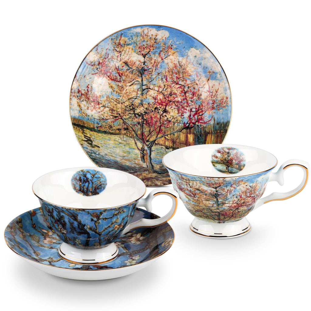 AOTELIDA Floral Tea Cups Saucers Set of 2, Bone China 7 oz British Teacups Porcelain Coffee Cup for Rose Tea Cappuccino Espresso Latte (Apricot & Peach Blossom)