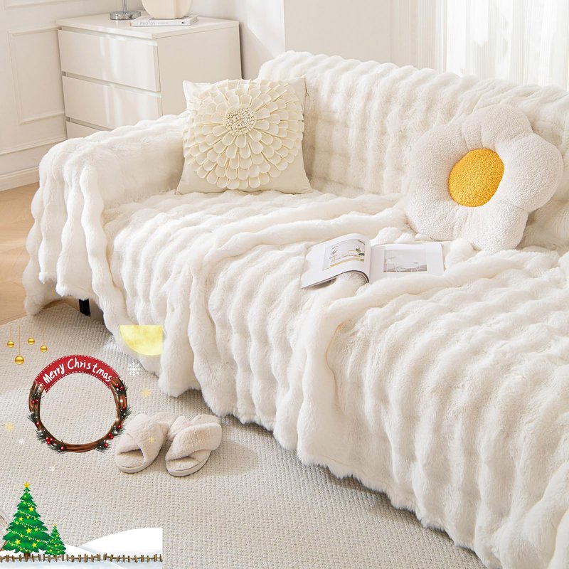 VM VOUGEMARKET Thick Faux Rabbit Fur Couch Cover 1-Piece Warm Soft Cozy Sofa Covers,Fluffy Plush Sofa Slipcover Furniture Protector for Bed Couch (White,71" x 118")