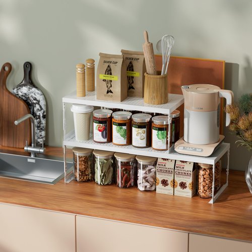 Jojocross Adjustable Stackable Metal Storage Shelf Organizer - Expandable Wire Rack with Perforations for Kitchen, Pantry, Bathroom, Cabinet & Office-Compact, Durable & Sturdy (2PACKS/Large/White)