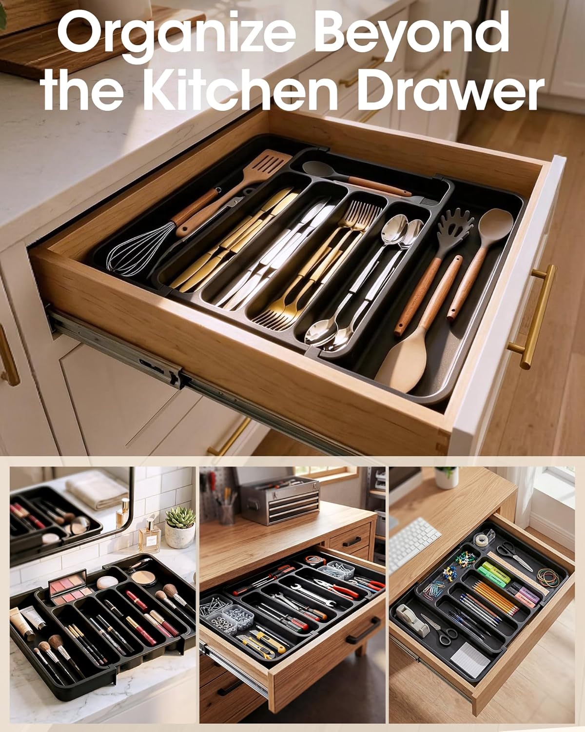 Aujen Silverware Organizer - Expandable Cutlery Tray for Forks & Knives | Adjustable Kitchen Storage, Black Medium