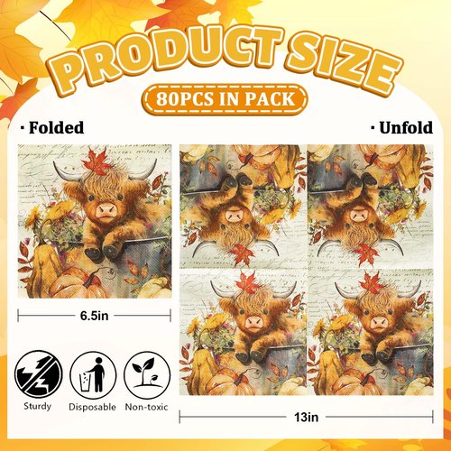JarThenaAMCS 80Pcs Fall Paper Napkins Highland Cow Pumpkin Disposable Napkins Thanksgiving Decorative Luncheon Dinner Table Napkins for Autumn Harvest Wedding Party Supplies