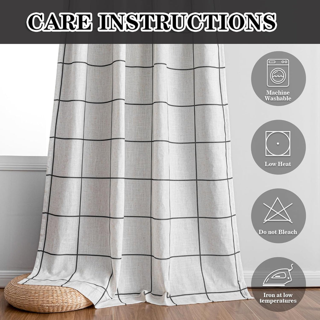 MYSKY HOME 100% Blackout Linen Curtains - 84 Inch Thermal Insulated Drapes | Black Plaid, 52" W, 1 Panel