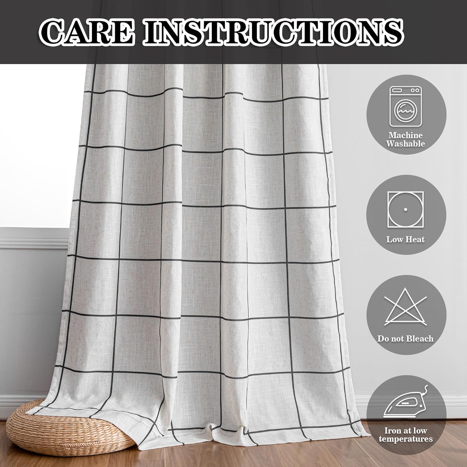 MYSKY HOME 100% Blackout Linen Curtains - 84 Inch Thermal Insulated Drapes | Black Plaid, 52" W, 1 Panel