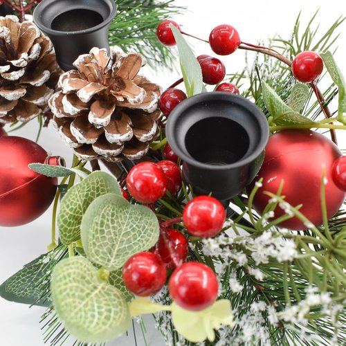 MrMrKura Christmas Tabletop Centerpiece - 3 Candle Holders with Pine Cones & Red Berries for Festive Dining Room Decor