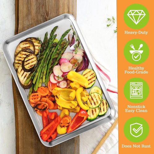 CEKEE Stainless Steel Quarter Sheet Pan Set - Heavy Duty Baking Sheets for Easy Clean | 12 x 10 x 0.98 Inch