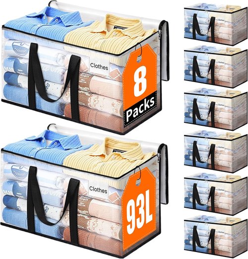Extra Large Heavy Duty Moving Bags by [Brand Name] - Strong Zippers & Handles | 93L Storage Tote for Home & Dorm, 8 Pack, Clear