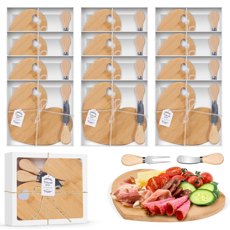 Defined Deco 12 Set Heart Cheese Board Cheese Knives Wood Mini Charcuterie Board,8.3x7 Inch Mini Charcuterie Boards with Knives,for Guest Bridal Baby Shower Prize Wedding Birthday Valentines Day