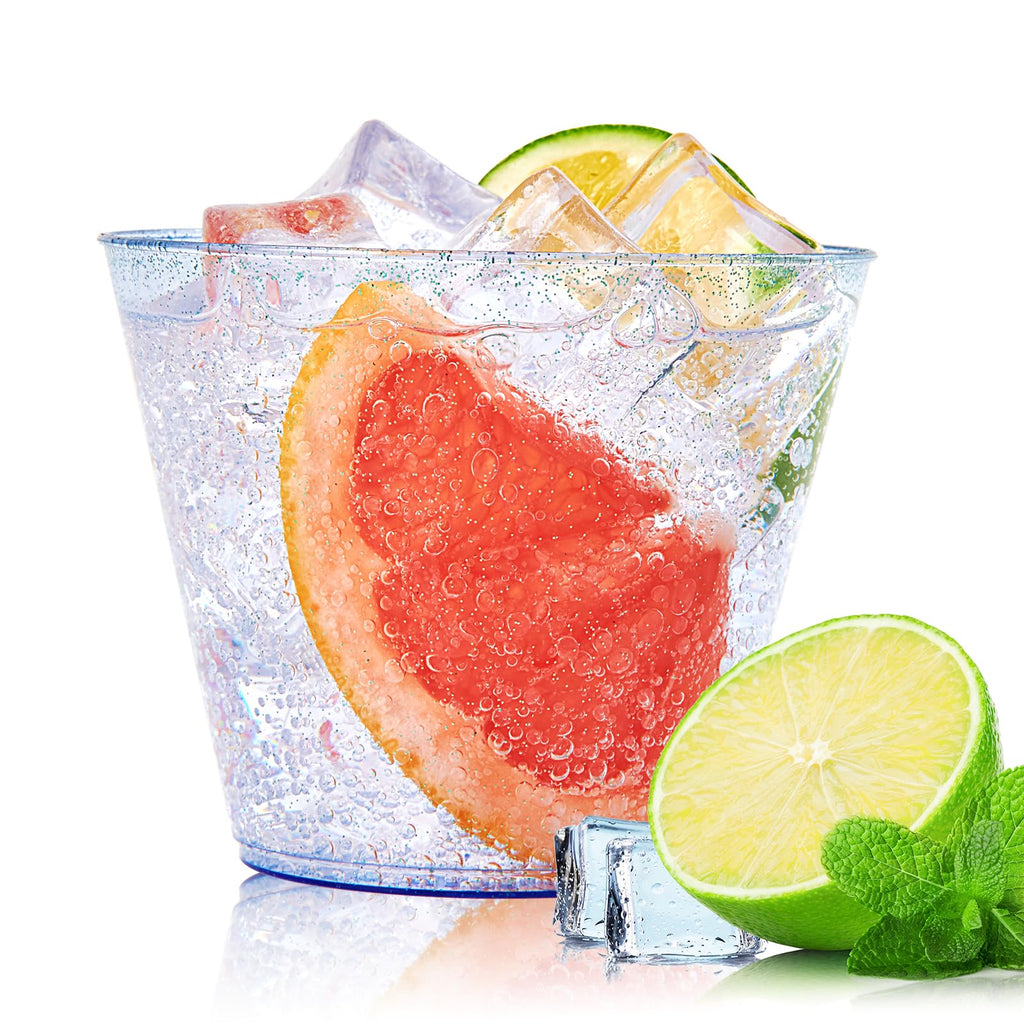 JOLLY CHEF 100 Pack 9 oz Blue Plastic Cups, Disposable Cups Tumblers, Elegant Blue Glitter Party Glasses for Wedding, Thanksgiving Day, Christmas Halloween