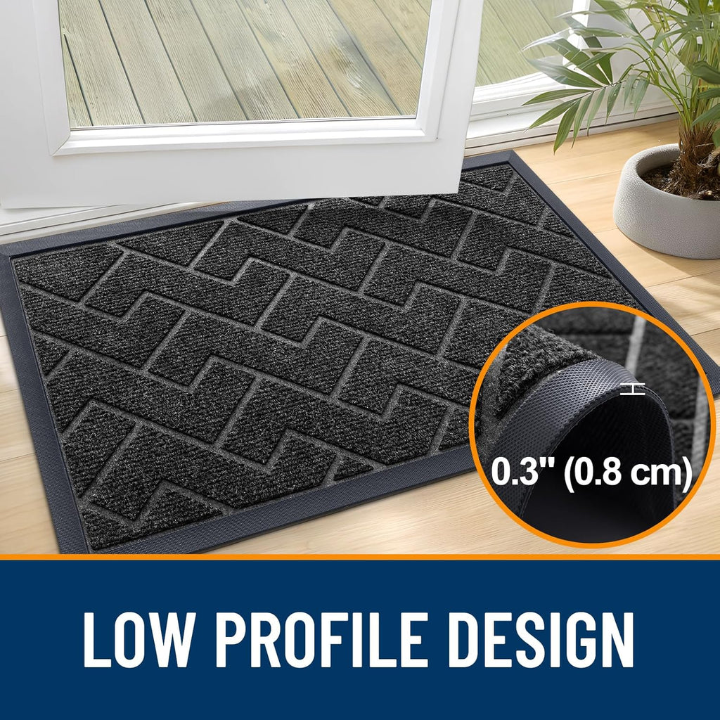 OLANLY Waterproof All-Season Front Door Mat - Sturdy Natural Rubber, Low Profile, Easy Clean | Herringbone Brick (Black, 59x35)