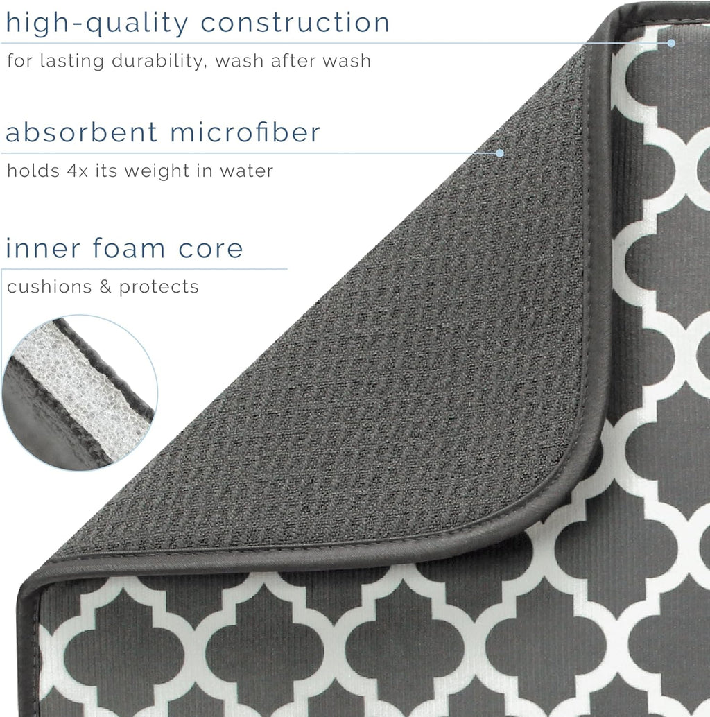S&T INC. XL Dish Drying Mat - Absorbent Microfiber Kitchen Counter Pad | 18” x 24”, Pewter Grey Trellis
