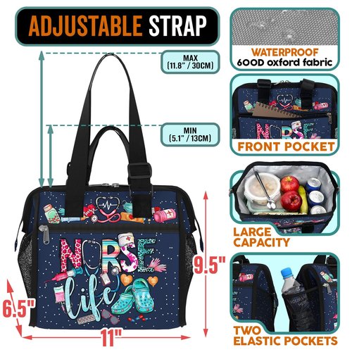84hoods Large Lunch Box for Women. Insulated Lunch Bag for Work Office Travel Picnic with Adjustable Strap. Nurse Gift. Nurse Life.