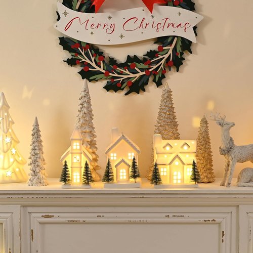 AOMOONOA Ceramic Christmas Village Houses - 3-Piece LED Lighted Porcelain Set with 6 Trees | Holiday Home Decor