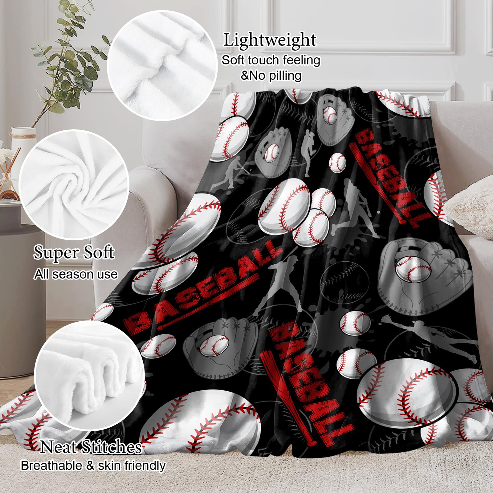 Baseball Blanket for Boys Kids, Baseball Gifts for Boys, Soft Baseball Room Decor Blanket Bedding 40x50 in