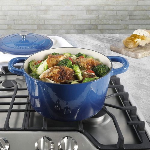 Crock-Pot Artisan 7-Quart Round Enameled Cast Iron Dutch Oven – Sapphire Blue, Durable Heavy-Duty Cookware for Slow Cooking, Baking, Roasting with Lid