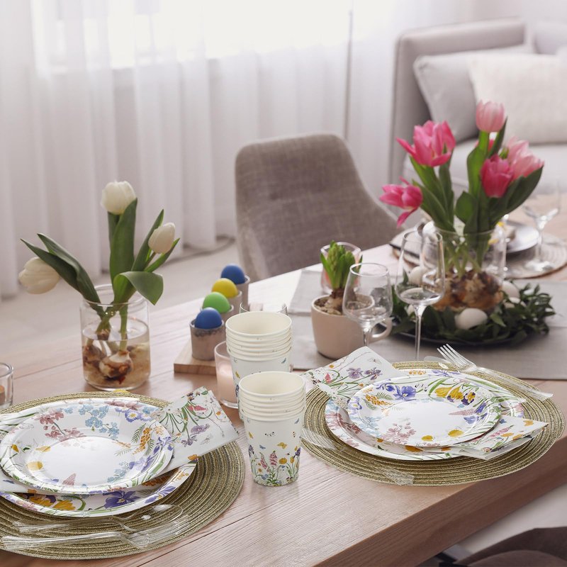 FillTouch 350 Pcs Spring Floral Party Decoration Paper Plates Disposable Tableware Napkins Cups Knives Forks Spoons for 50 Guests Floral Baby Shower Party Tableware for Birthday
