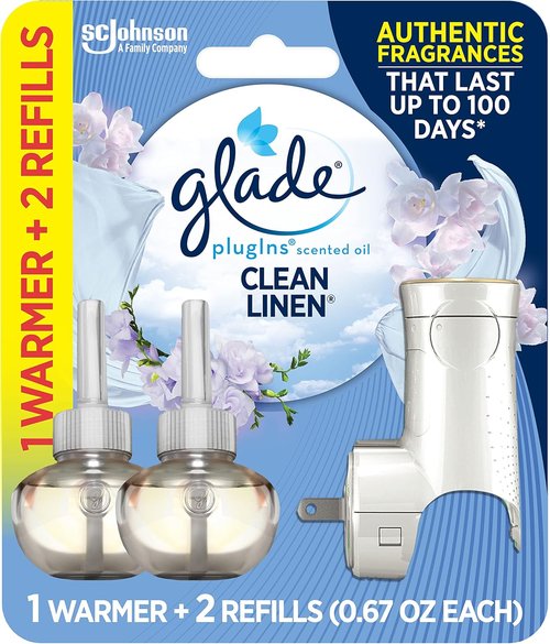 Glade PlugIns Air Freshener Starter Kit - Clean Linen Scented Refills | 1 Warmer + 2 Refills, 1.34 Fl Oz