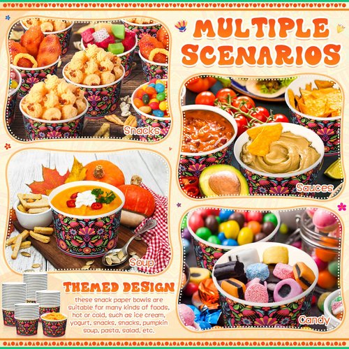 Potchen 50 Pack 9 oz Mexican Paper Bowls Mexican Themed Paper Cups Fiesta Flower Disposable Soup Bowls Snack Cups Plates Cinco De Mayo Party Supplies for Taco Dessert Hot or Cold Food