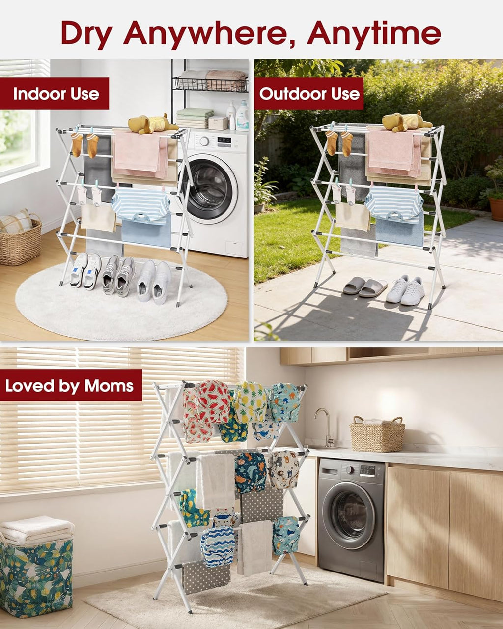 Sakugi Foldable Clothes Drying Rack - 3-Tier Metal Laundry Organizer with Non-Slip Feet, 11.4"D x 29.1"W x 37.4"H, White & Black