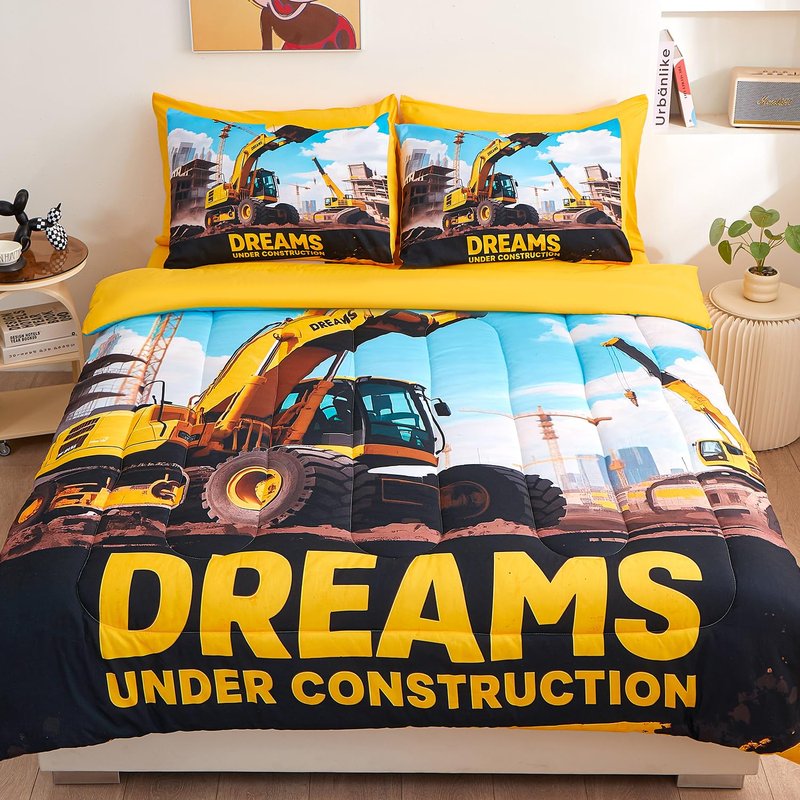 ZUEXVOFY Yellow Digger Twin Bedding Set for Boys – 5 Piece Comforter Bed Sheets Set, Kids’ Bedroom Decor, Teen Boy Room, Car and Excavator Theme, Kids’ Gift, Children’s Twin Bed in a Bag