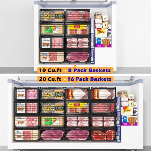 NADAMOO Freezer Organizer Bins, 4 Packs Large Expandable Stackable Chest Freezer Containers with Handle, Metal Adjustable Storage Baskets for Fridge, Deep Freezer, Cabinet, Kitchen, Pantry - Black