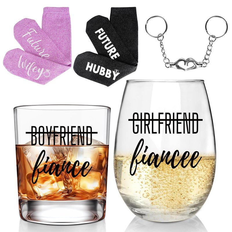 ONEHAUS Engagement Gifts for Couples, Fiance Gifts for Her Him Newly Engaged Gift Ideas for Women, Engagement Present Party Decorations Mr and Mrs, Wine Whiskey Glasses Set Socks for Fiance Fiancee
