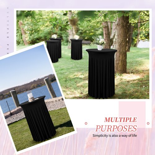 2 Packs Round Cocktail Table Skirt 24"x 43" Spandex Stretch Cocktail Tablecloth with Wavy Drapes, Black Spandex Fitted High Top Table Covers for Wedding Bar Party Birthday Banquet Table