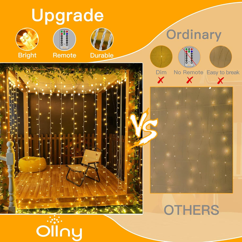 Ollny 200 LED Curtain Lights - 6.6x6.6ft Dimmable Fairy Lights with Remote & Timer | Warm White Indoor Decor