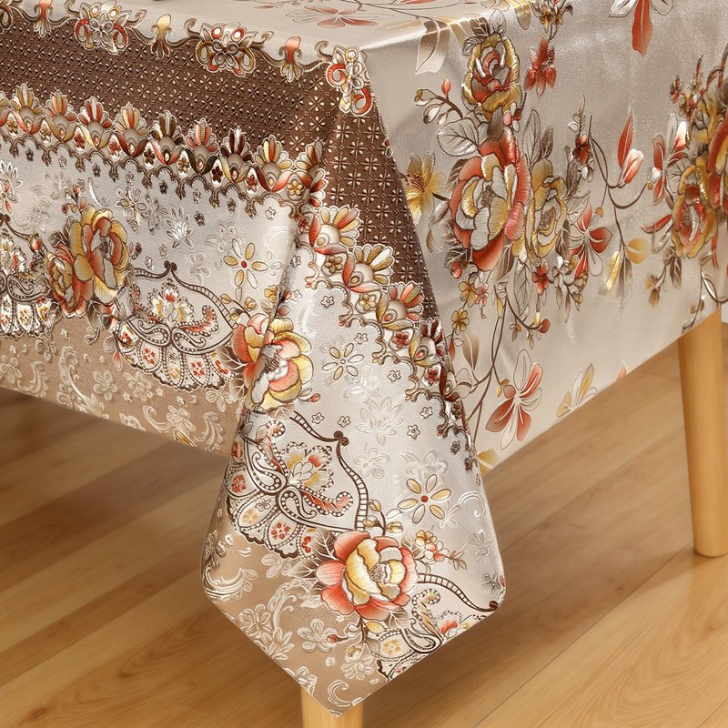 FAVE Peony Gold Tablecloths Vinyl Tablecloth for Kitchen Dining Table Wipeable PVC Tablecloth Cover for Rectangle Table for Wedding, Banquet, Birthday, Party, Restaurant Decorations（Gold,55”x87”）