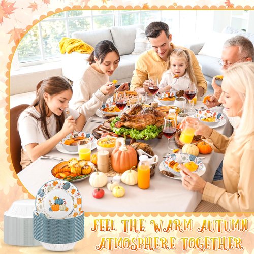 Sliner 100 Pcs 16 oz Thanksgiving Paper Bowl Pumpkin Autumn Maple Leaves Disposable Fall Thanksgiving Soup Bowl for Holiday Party Snack Dessert Salad Milk Cereal Serving Catering Event Supplies