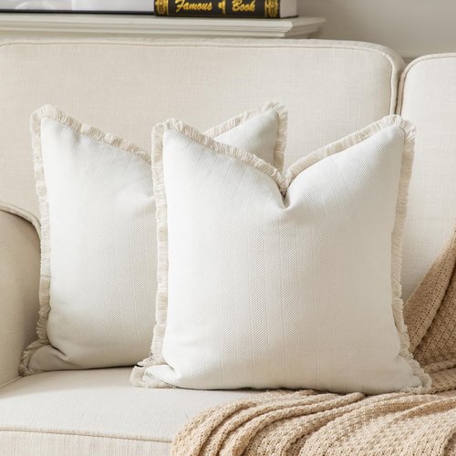Joyouth Set of 2 Decorative Fringe Throw Pillow Covers Chenille Pillow Covers Elegant Design Pillowcase Soft Tassels Cushion Cover for Couch Bed Home Decor,18×18 Inch,Cream White