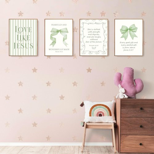LARTSFRO Coquette Wall Art Decor - Sage Green Bow Posters | Inspirational Bible Verses | 12x16 Inch Set of 4 Unframed